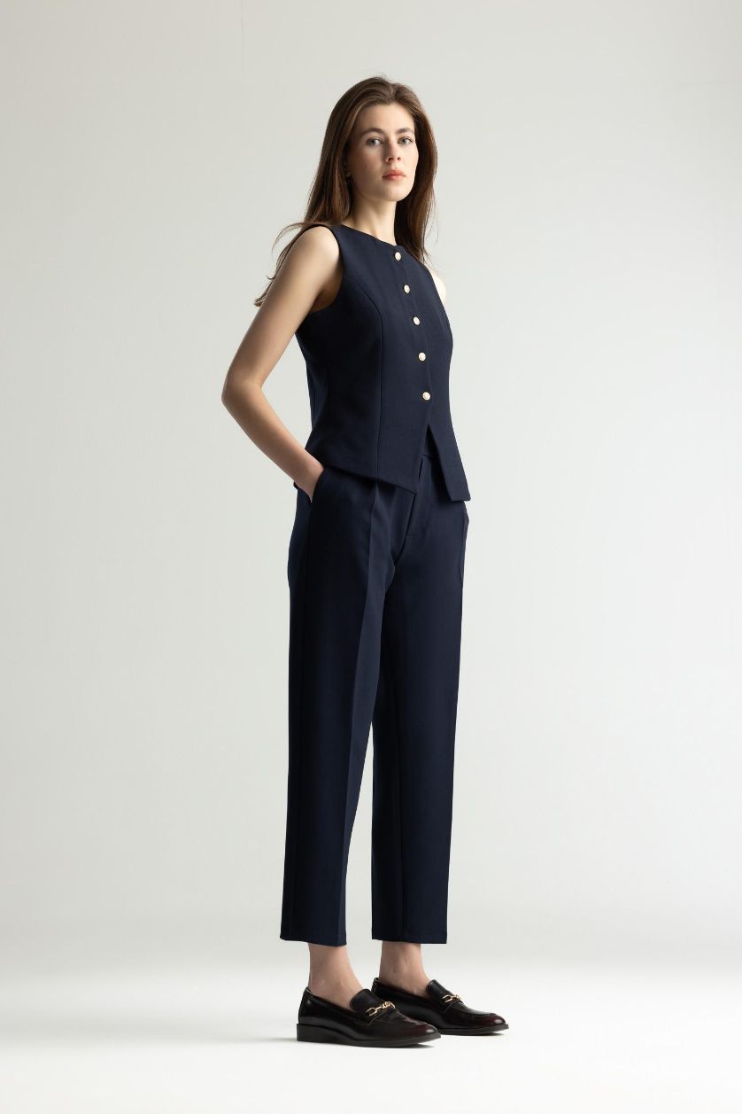 FEMME Marin Pantalon droit à taille haute avec poches Coupe carrote