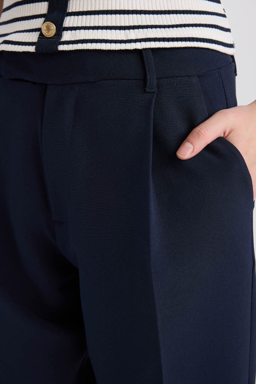 FEMME Marin Pantalon droit à taille haute avec poches Coupe carrote