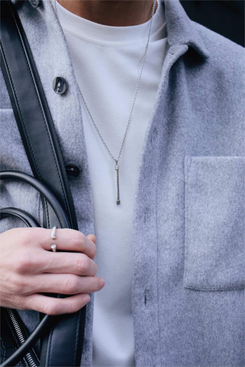 Erkek Gri AtolyeWolf x DeFacto Unısex 2'li Çelik Zincirli Sekizgen ve Örgü Kolye