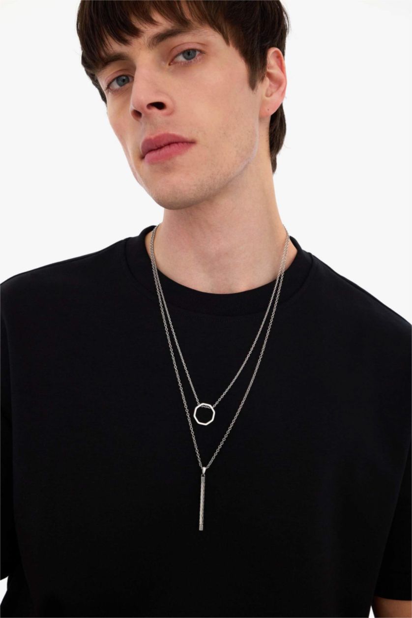 Erkek Gri AtolyeWolf x DeFacto Unısex 2'li Çelik Zincirli Sekizgen ve Örgü Kolye