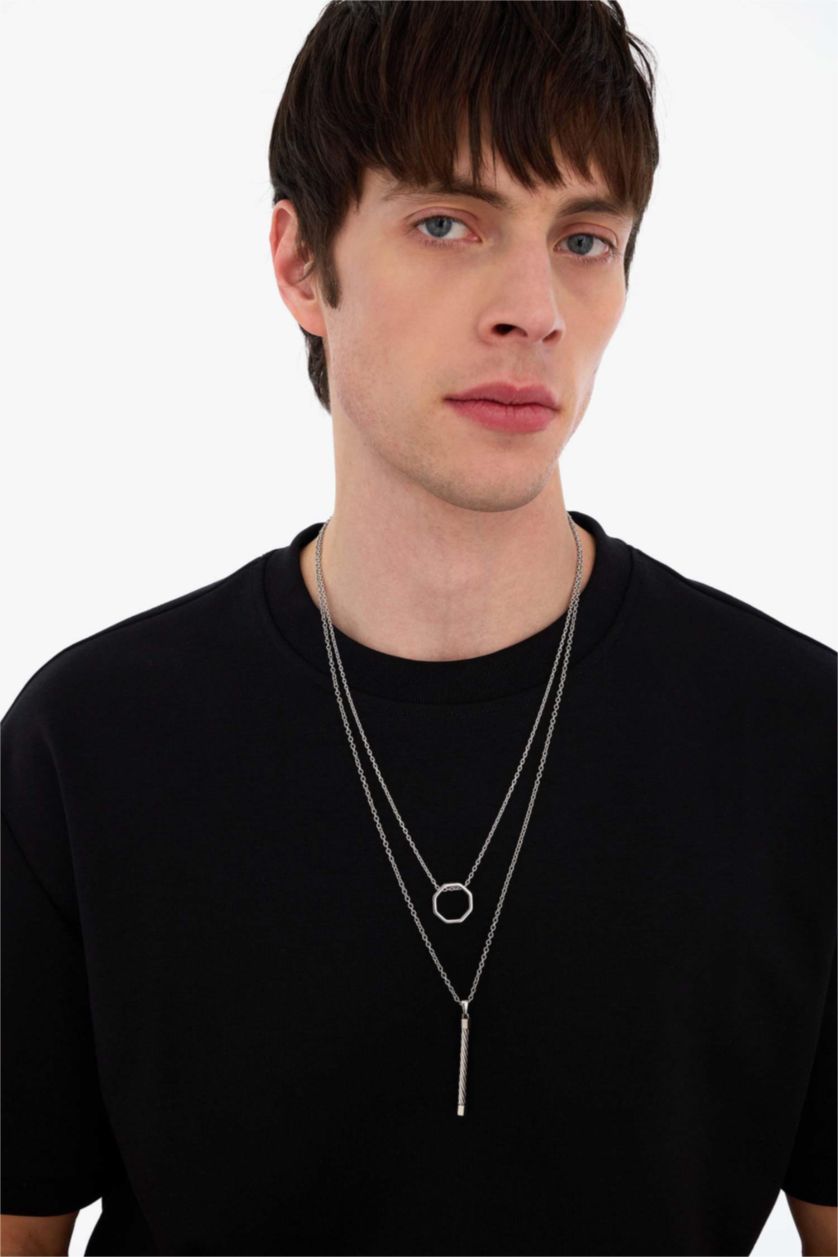 Erkek Gri AtolyeWolf x DeFacto Unısex 2'li Çelik Zincirli Sekizgen ve Örgü Kolye