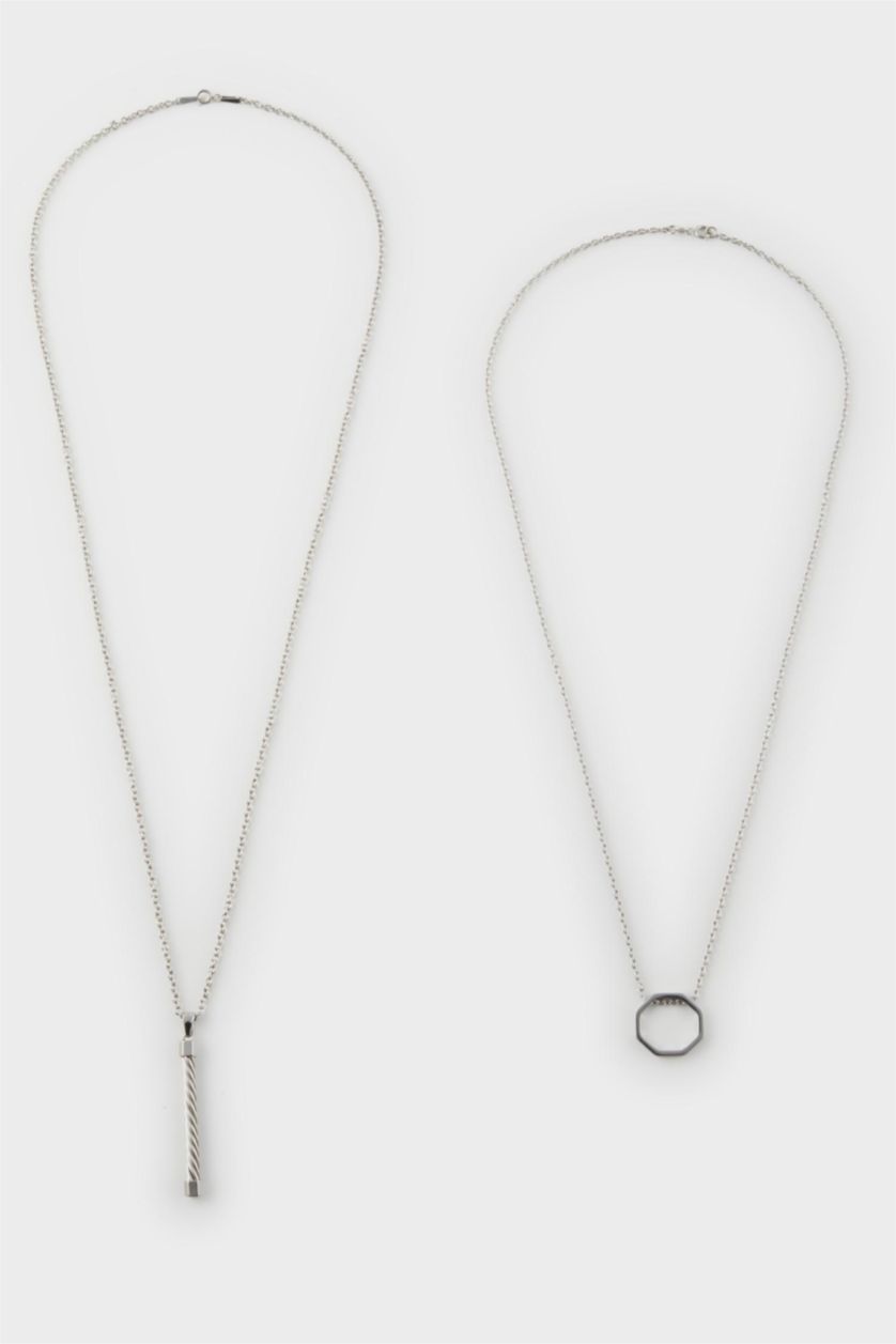 Erkek Gri AtolyeWolf x DeFacto Unısex 2'li Çelik Zincirli Sekizgen ve Örgü Kolye