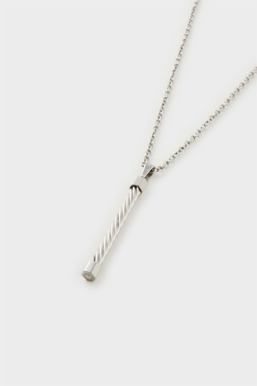 Erkek Gri AtolyeWolf x DeFacto Unısex 2'li Çelik Zincirli Sekizgen ve Örgü Kolye