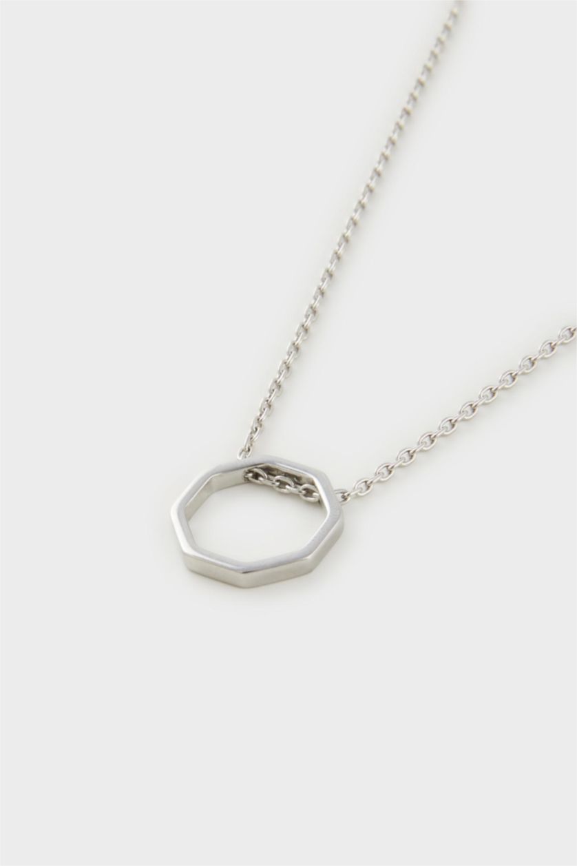 Erkek Gri AtolyeWolf x DeFacto Unısex 2'li Çelik Zincirli Sekizgen ve Örgü Kolye