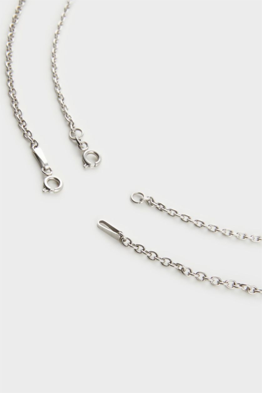 Erkek Gri AtolyeWolf x DeFacto Unısex 2'li Çelik Zincirli Sekizgen ve Örgü Kolye