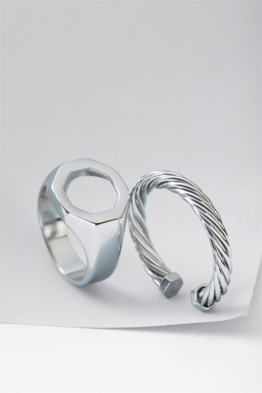Man Grey AtolyeWolf x DeFacto Man 2 Piece Steel Rings