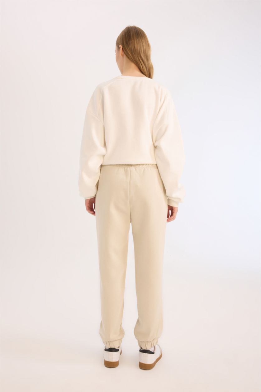 Kadın Bej Basic Düz Cepli Beli Paçası Lastikli Kalın Jogger Eşofman Altı