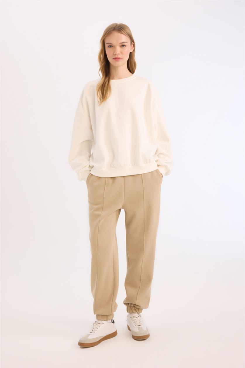 Kadın Koyu Bej Kalın Jogger Eşofman Altı Basic Düz Cepli Beli Paçası Lastikli