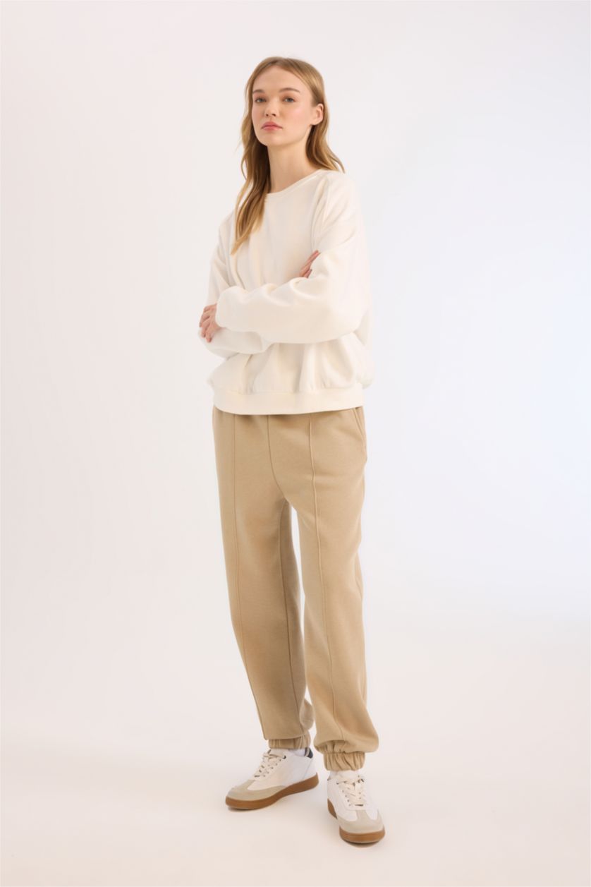 Kadın Koyu Bej Kalın Jogger Eşofman Altı Basic Düz Cepli Beli Paçası Lastikli
