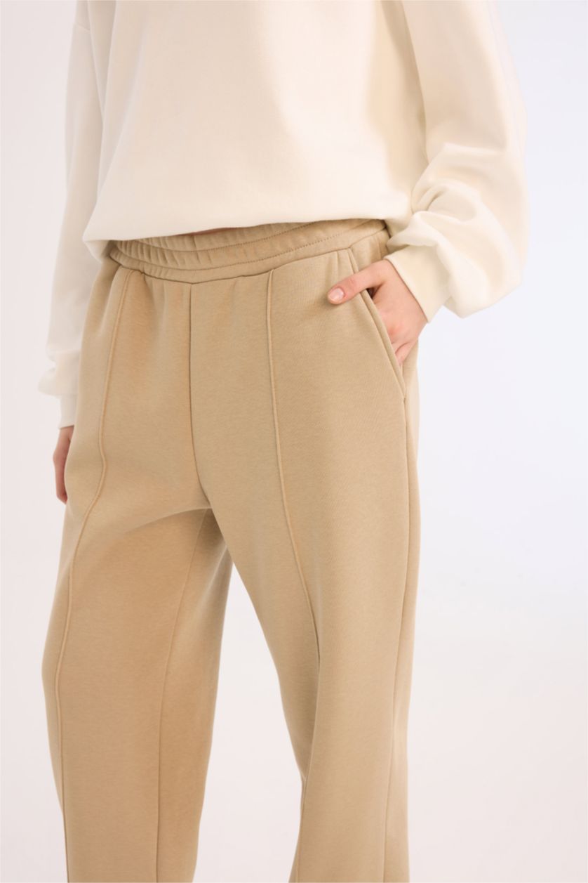 Kadın Koyu Bej Kalın Jogger Eşofman Altı Basic Düz Cepli Beli Paçası Lastikli