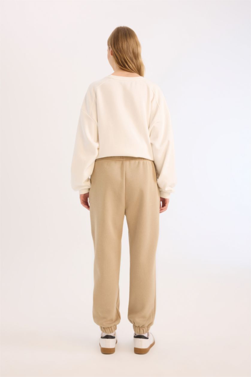 Kadın Koyu Bej Kalın Jogger Eşofman Altı Basic Düz Cepli Beli Paçası Lastikli