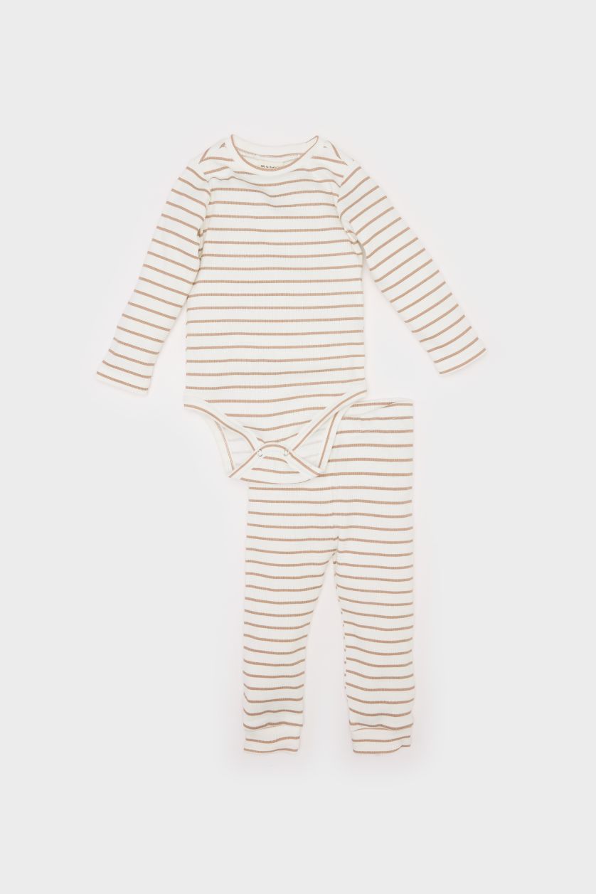 مولود ذكر بني فاتح طقم أولاد من بودي مضلع مخطط برقبة مستديرة و سروال بخصر مطاطي