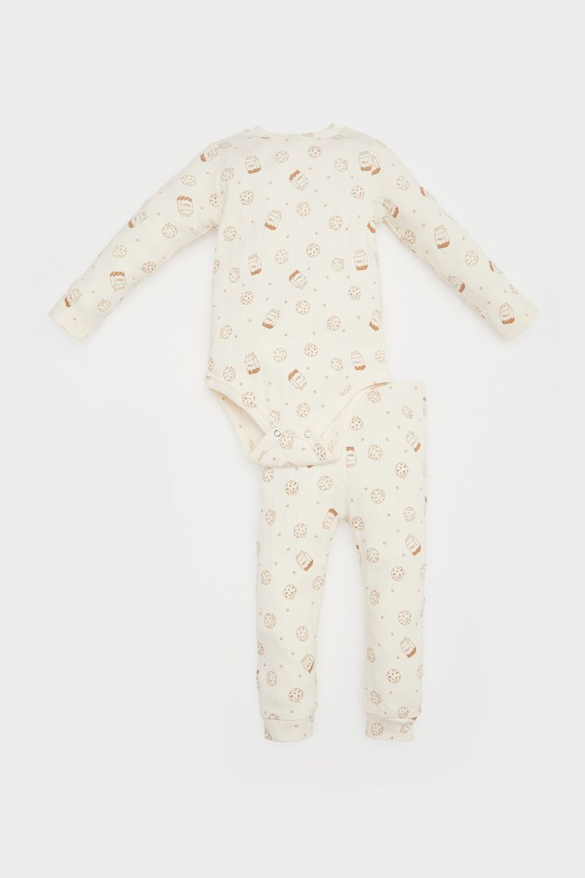 Baby Boy Ecru Baby Boy Corduroy Dinosaur Printed Snap Body Bottom 2 Piece Set