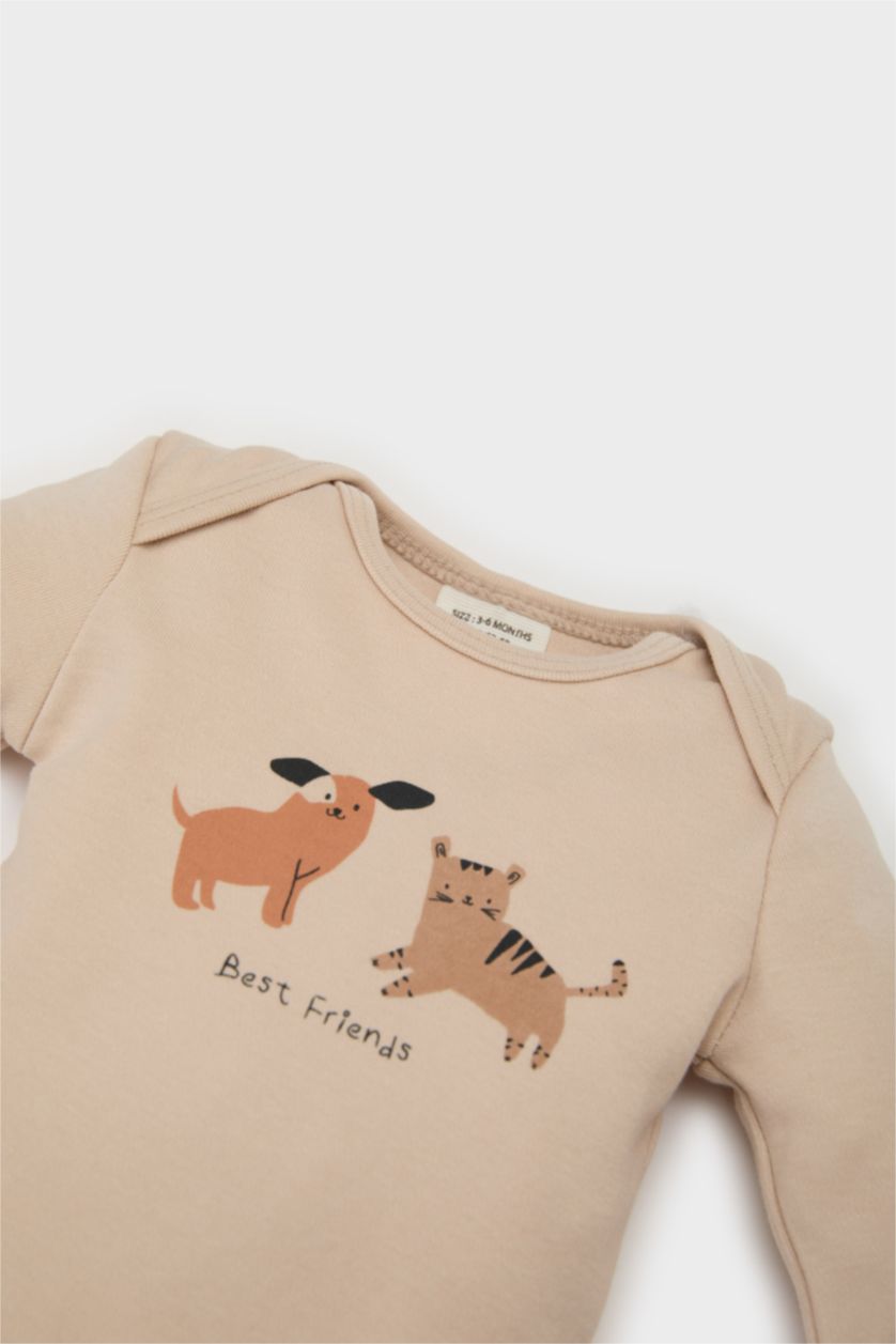 Erkek Bebek Bej Bisiklet Yaka Baskılı Uzun Kollu Çıtçıtlı Body Erkek Bebek Yenidoğan