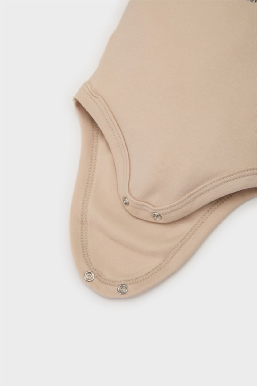 Erkek Bebek Bej Bisiklet Yaka Baskılı Uzun Kollu Çıtçıtlı Body Erkek Bebek Yenidoğan