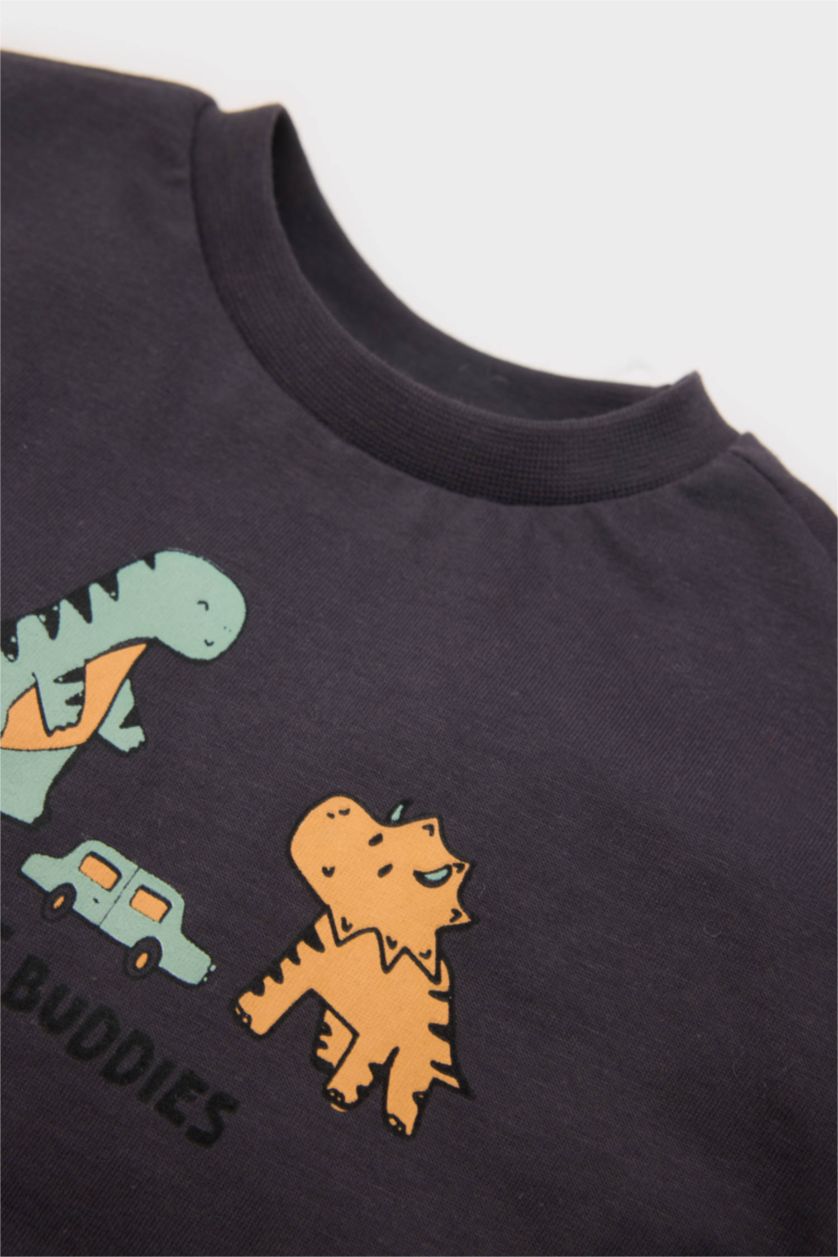 Erkek Bebek Antrasit Erkek Bebek Yenidoğan Bisiklet Yaka Baskılı Penye 2'li Uzun Kollu Tişört