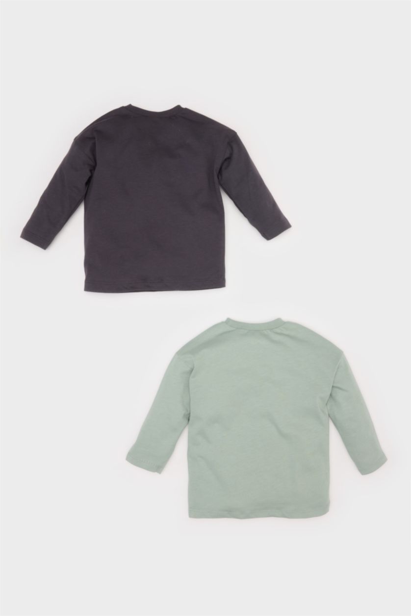Erkek Bebek Antrasit Erkek Bebek Yenidoğan Bisiklet Yaka Baskılı Penye 2'li Uzun Kollu Tişört