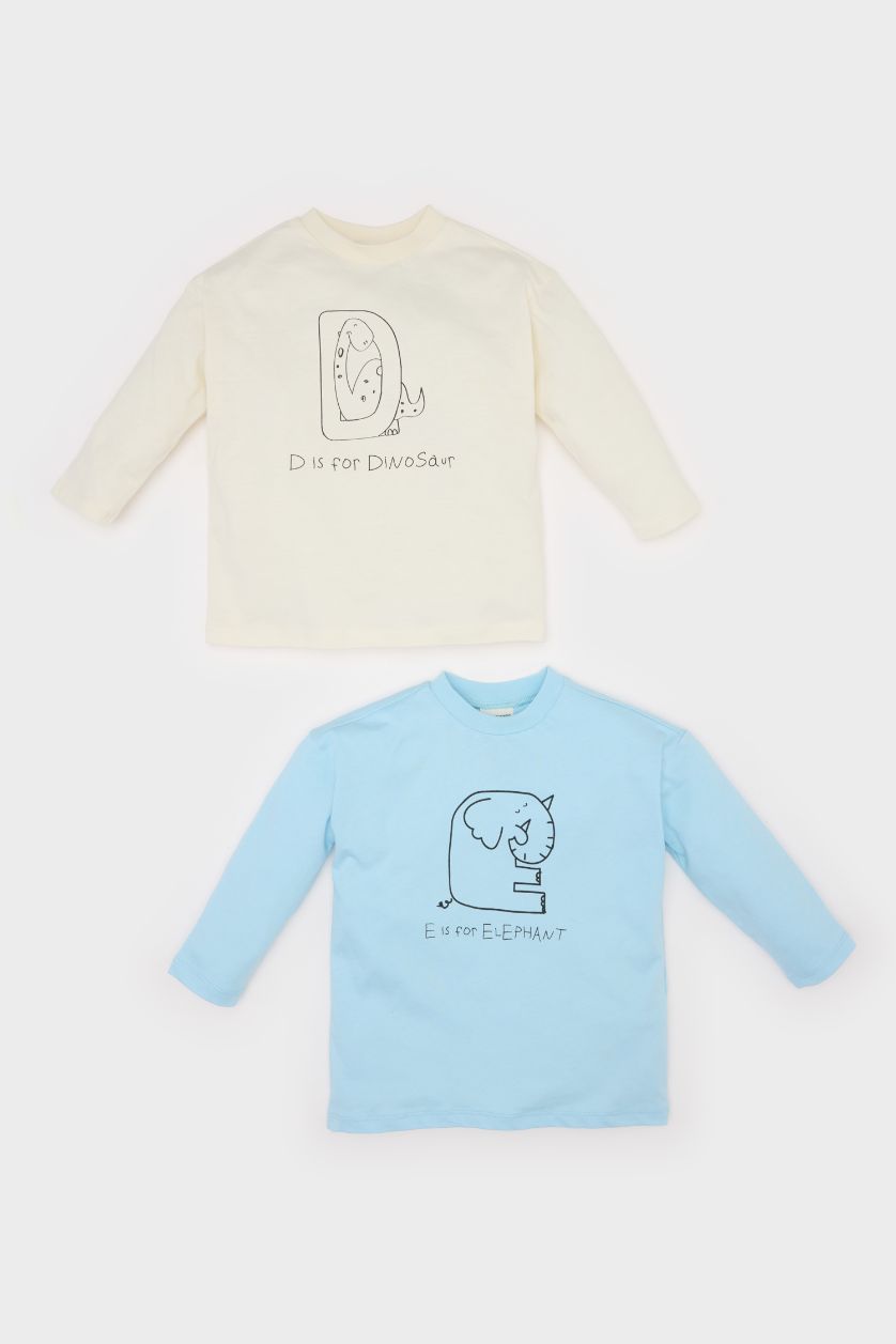 Erkek Bebek Ekru Bisiklet Yaka Baskılı Penye 2'li Uzun Kollu Tişört Erkek Bebek Yenidoğan