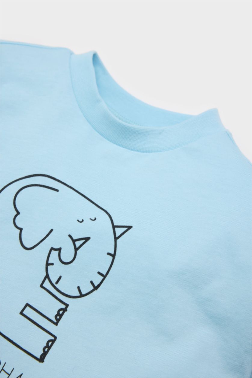 Erkek Bebek Ekru Bisiklet Yaka Baskılı Penye 2'li Uzun Kollu Tişört Erkek Bebek Yenidoğan