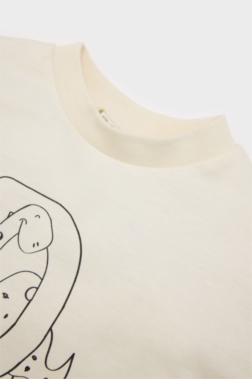 Erkek Bebek Ekru Bisiklet Yaka Baskılı Penye 2'li Uzun Kollu Tişört Erkek Bebek Yenidoğan