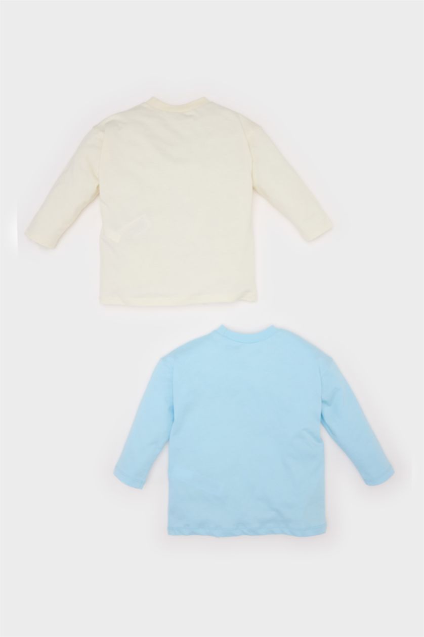 Erkek Bebek Ekru Bisiklet Yaka Baskılı Penye 2'li Uzun Kollu Tişört Erkek Bebek Yenidoğan