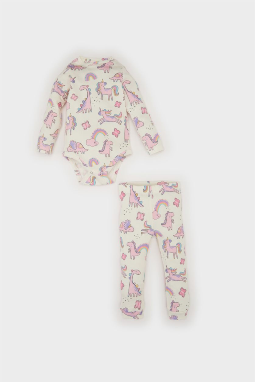 Kız Bebek Kırık Beyaz 2'li Takım Desenli Fitilli Kaşkorse Uzun Kollu Çıtçıtlı Body Uzun Alt Kız Bebek