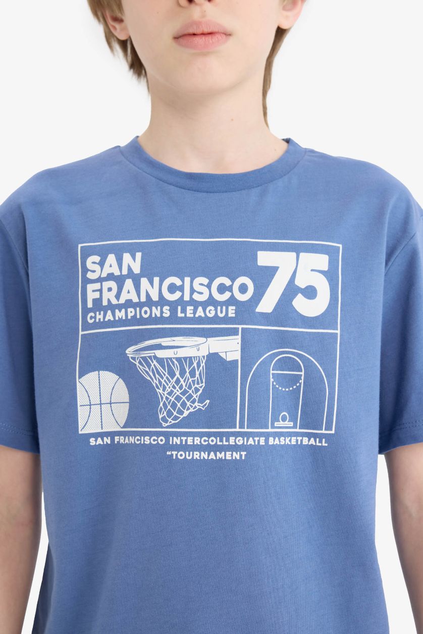 Erkek Çocuk - Genç Erkek Mavi Bisiklet Yaka Baskılı Kısa Kollu Tişört Erkek Çocuk