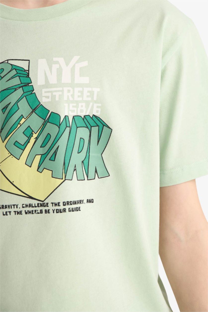 Erkek Çocuk - Genç Erkek Mint Bisiklet Yaka Baskılı Kısa Kollu Tişört Erkek Çocuk