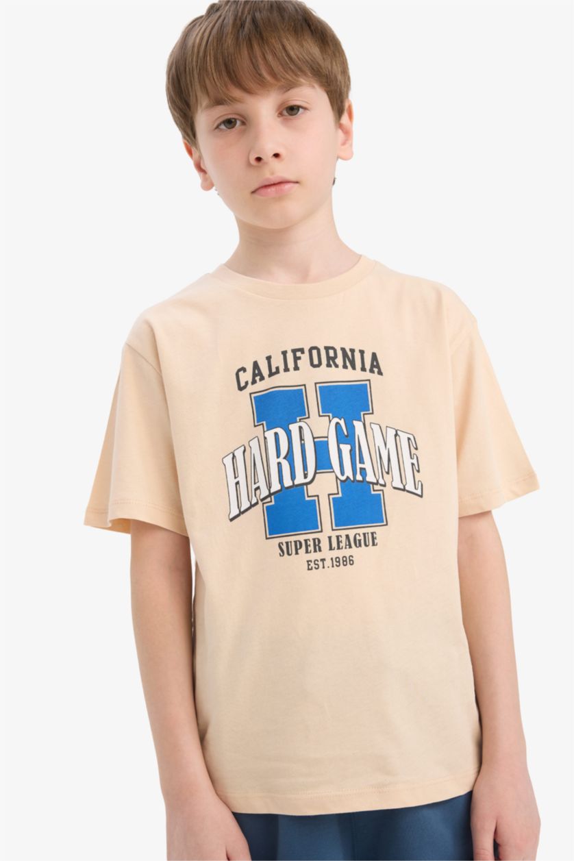 Erkek Çocuk - Genç Erkek Bej Bisiklet Yaka Baskılı Kısa Kollu Tişört Erkek Çocuk