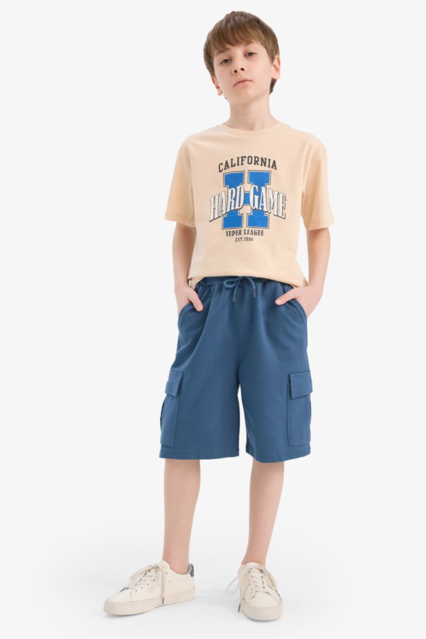 Erkek Çocuk - Genç Erkek Bej Bisiklet Yaka Baskılı Kısa Kollu Tişört Erkek Çocuk