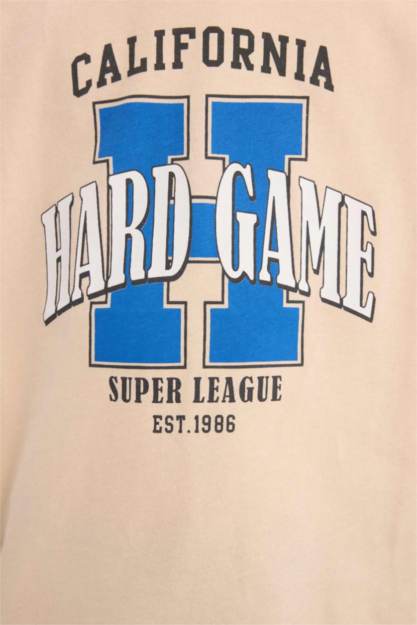 Erkek Çocuk - Genç Erkek Bej Bisiklet Yaka Baskılı Kısa Kollu Tişört Erkek Çocuk