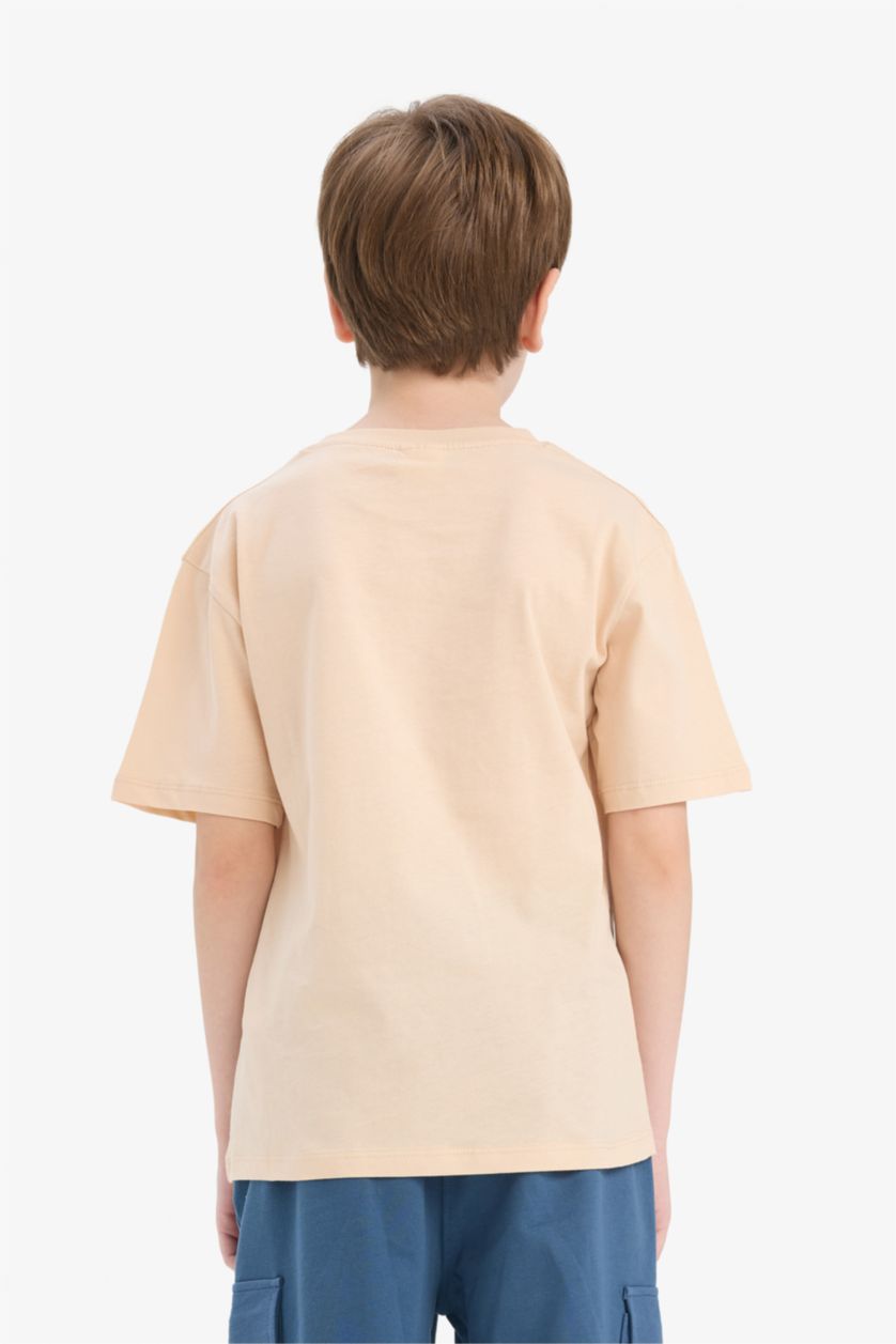 Erkek Çocuk - Genç Erkek Bej Bisiklet Yaka Baskılı Kısa Kollu Tişört Erkek Çocuk