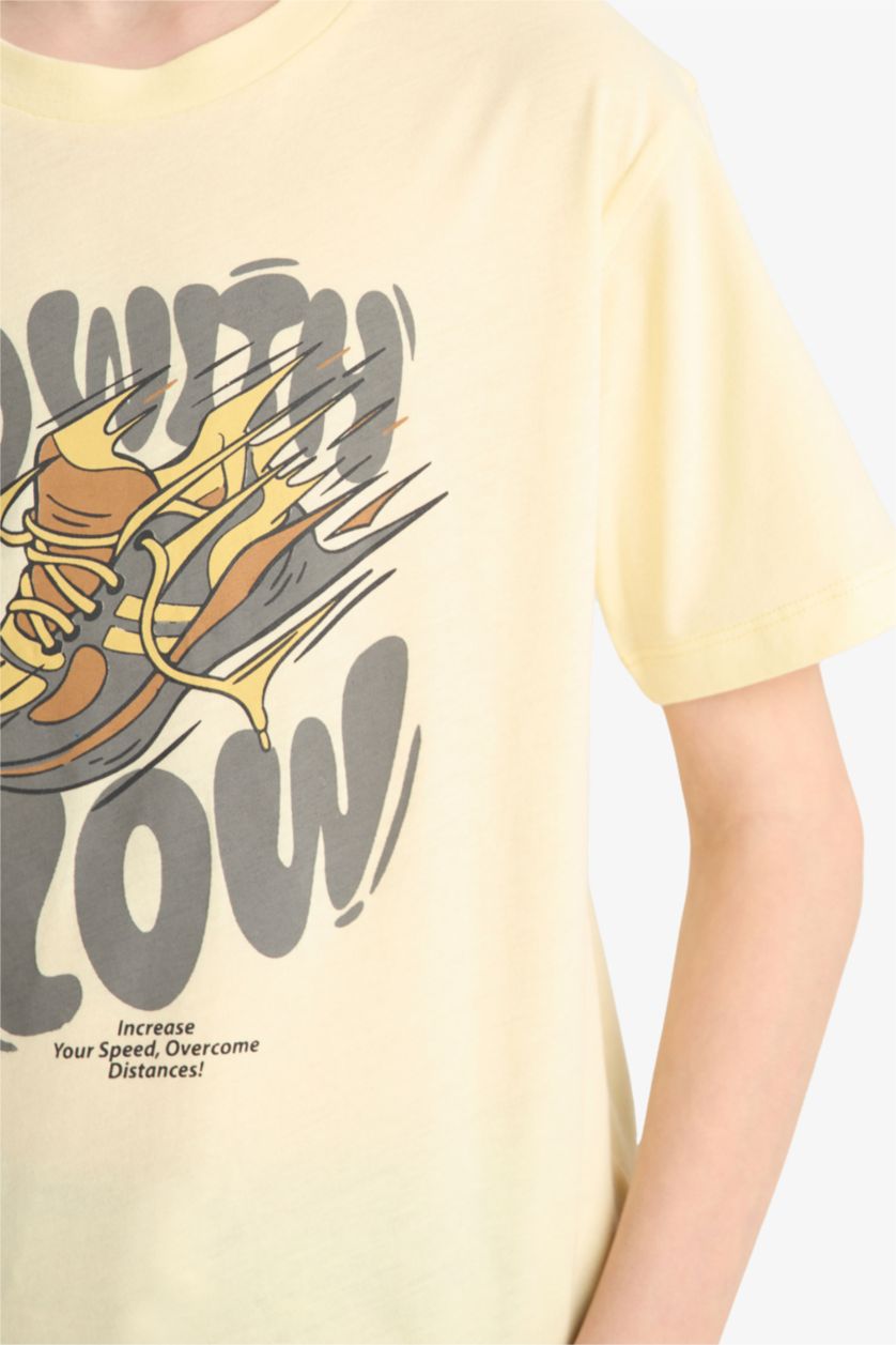 Erkek Çocuk - Genç Erkek Açık Sarı Bisiklet Yaka Baskılı Kısa Kollu Tişört Erkek Çocuk