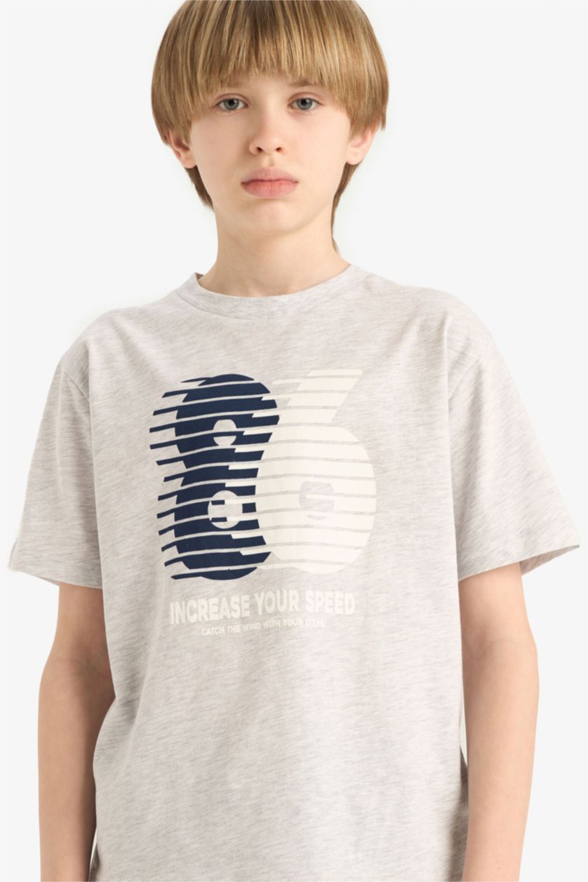 Erkek Çocuk - Genç Erkek Optik Gri Melanj Bisiklet Yaka Baskılı Kısa Kollu Tişört Erkek Çocuk