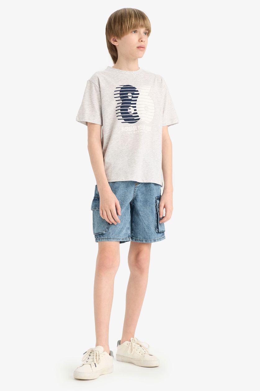 Erkek Çocuk - Genç Erkek Optik Gri Melanj Bisiklet Yaka Baskılı Kısa Kollu Tişört Erkek Çocuk