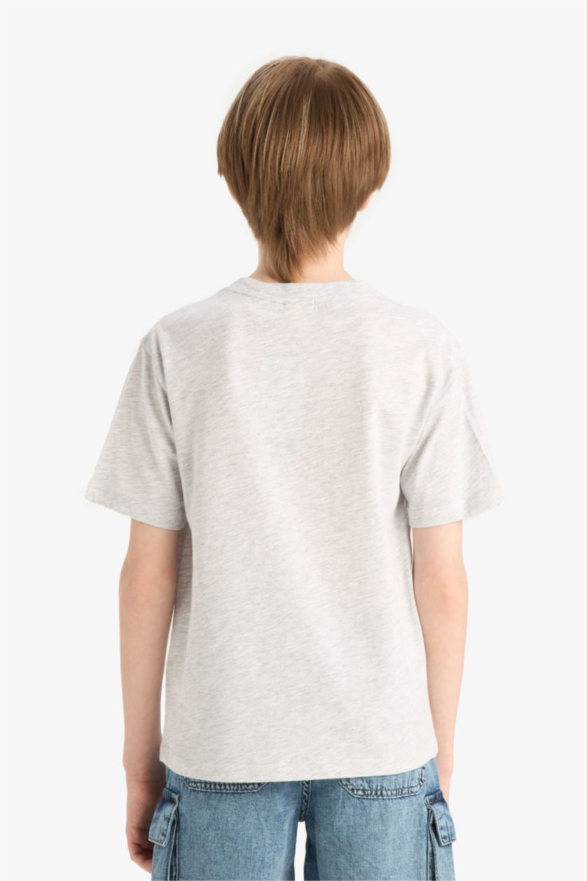 Erkek Çocuk - Genç Erkek Optik Gri Melanj Bisiklet Yaka Baskılı Kısa Kollu Tişört Erkek Çocuk