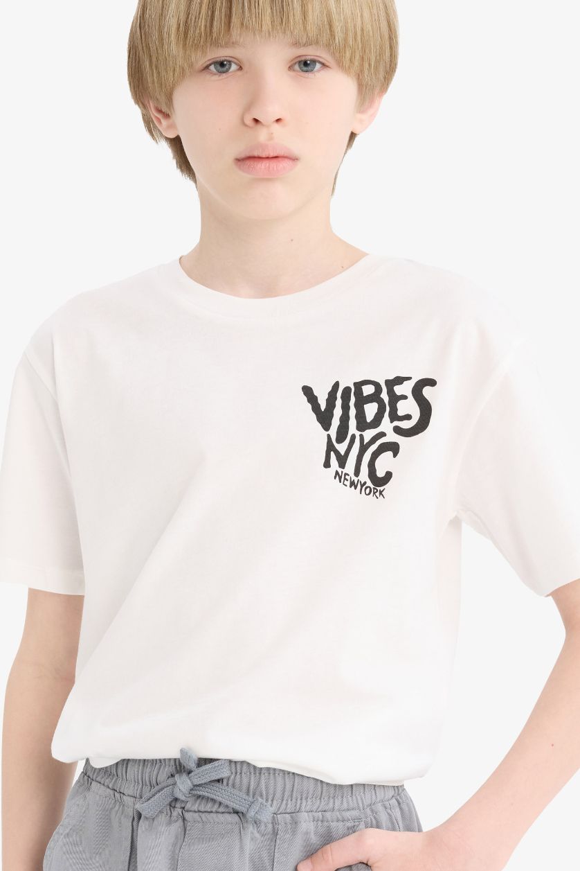 Erkek Çocuk - Genç Erkek Kırık Beyaz Bisiklet Yaka Baskılı Kısa Kollu Tişört Erkek Çocuk