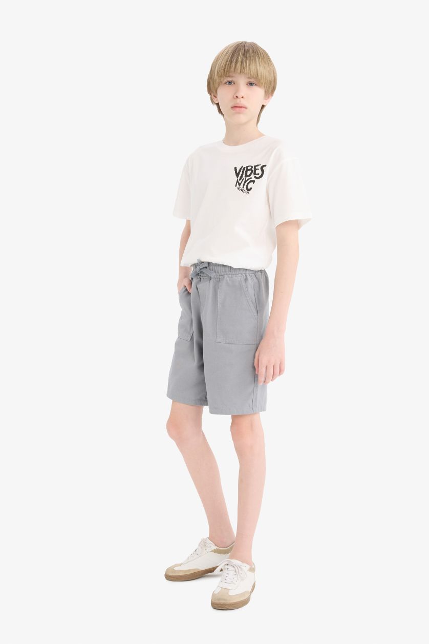 Erkek Çocuk - Genç Erkek Kırık Beyaz Bisiklet Yaka Baskılı Kısa Kollu Tişört Erkek Çocuk