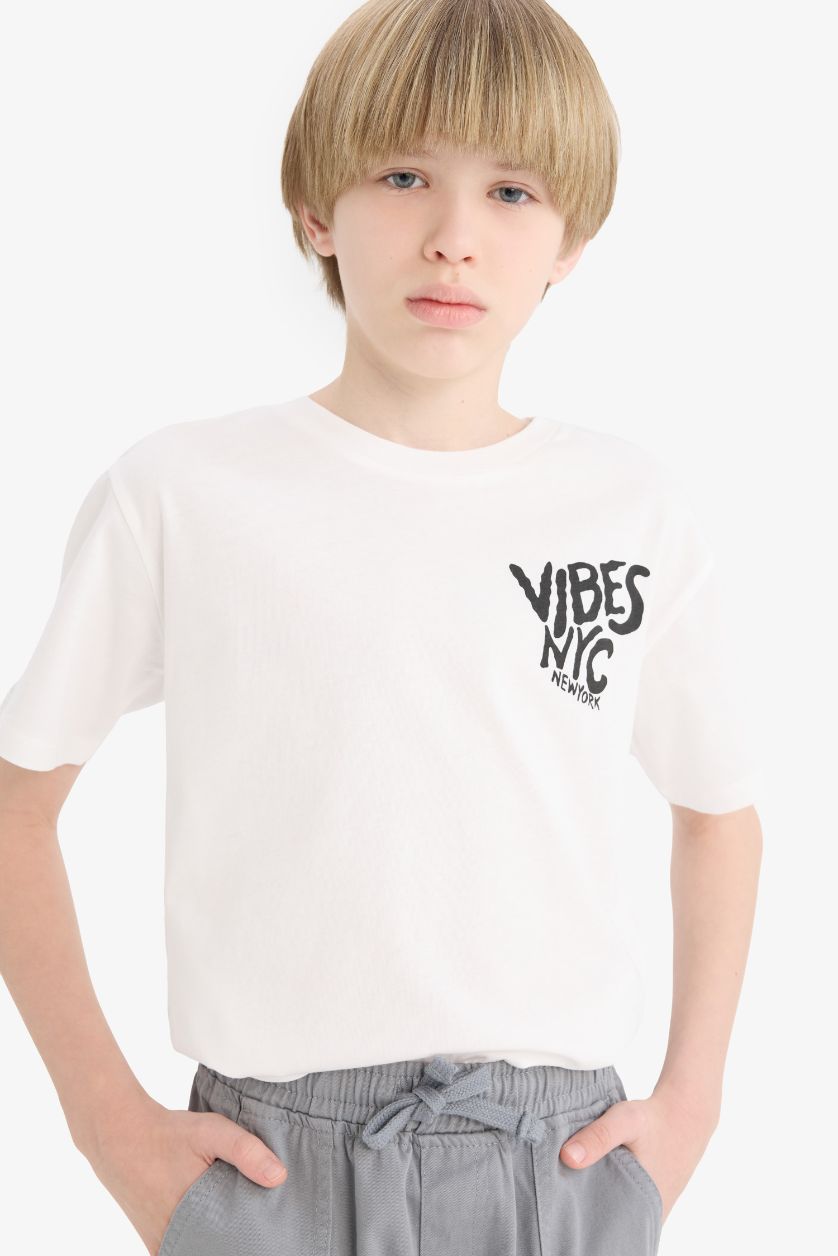 Erkek Çocuk - Genç Erkek Kırık Beyaz Bisiklet Yaka Baskılı Kısa Kollu Tişört Erkek Çocuk