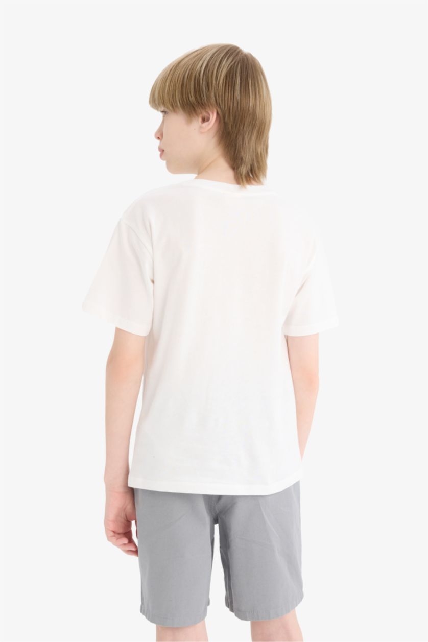 Erkek Çocuk - Genç Erkek Kırık Beyaz Bisiklet Yaka Baskılı Kısa Kollu Tişört Erkek Çocuk