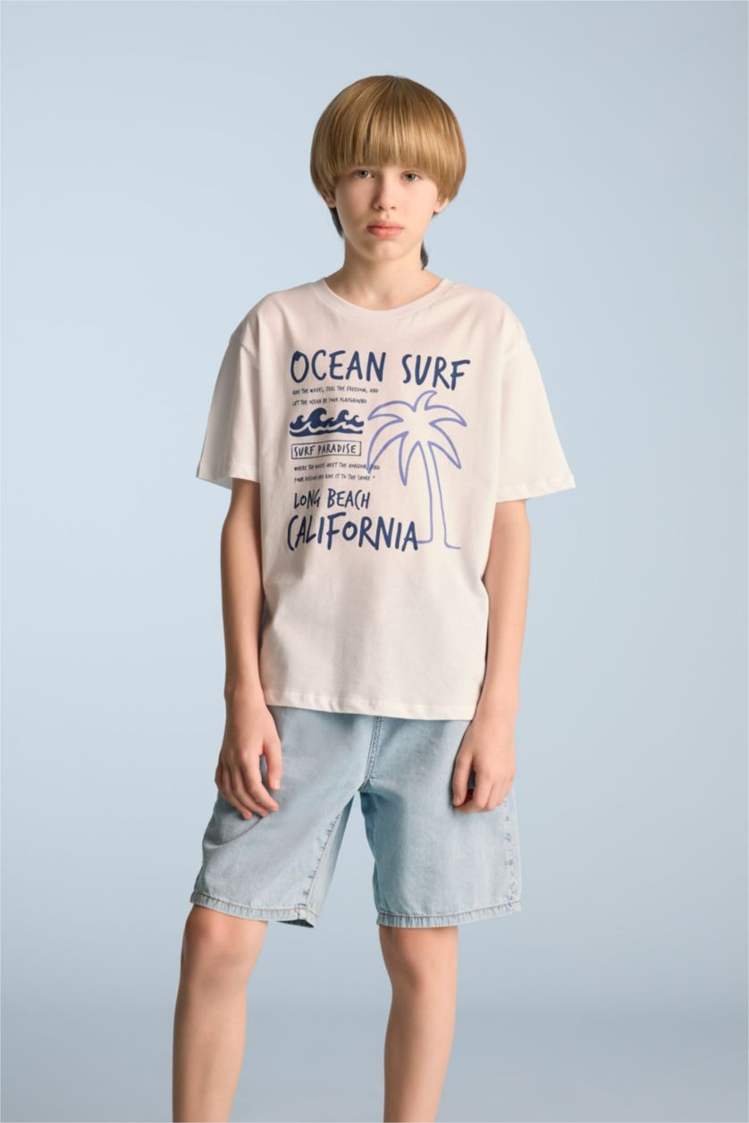 Erkek Çocuk - Genç Erkek Beyaz Bisiklet Yaka Baskılı Kısa Kollu Tişört Erkek Çocuk