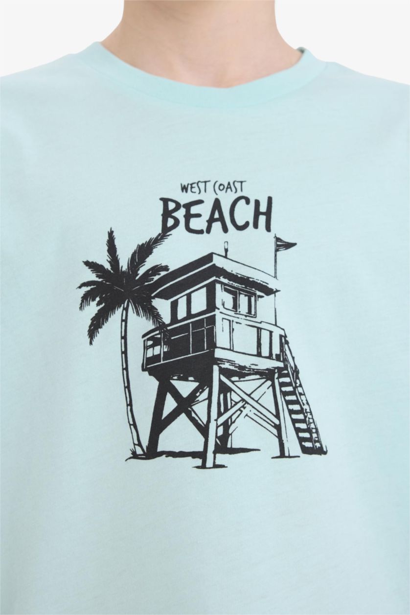 Erkek Çocuk - Genç Erkek Mint Bisiklet Yaka Baskılı Kısa Kollu Tişört Erkek Çocuk