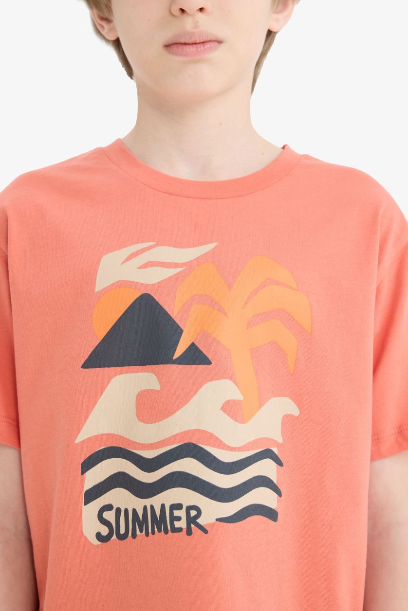 Erkek Çocuk - Genç Erkek Turuncu Bisiklet Yaka Baskılı Kısa Kollu Tişört Erkek Çocuk