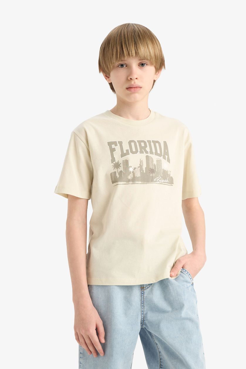 Erkek Çocuk - Genç Erkek Açık Mint Bisiklet Yaka Baskılı Kısa Kollu Tişört Erkek Çocuk