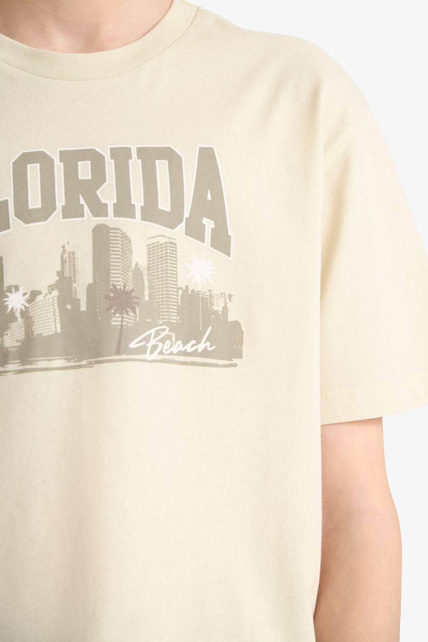 Erkek Çocuk - Genç Erkek Açık Mint Bisiklet Yaka Baskılı Kısa Kollu Tişört Erkek Çocuk