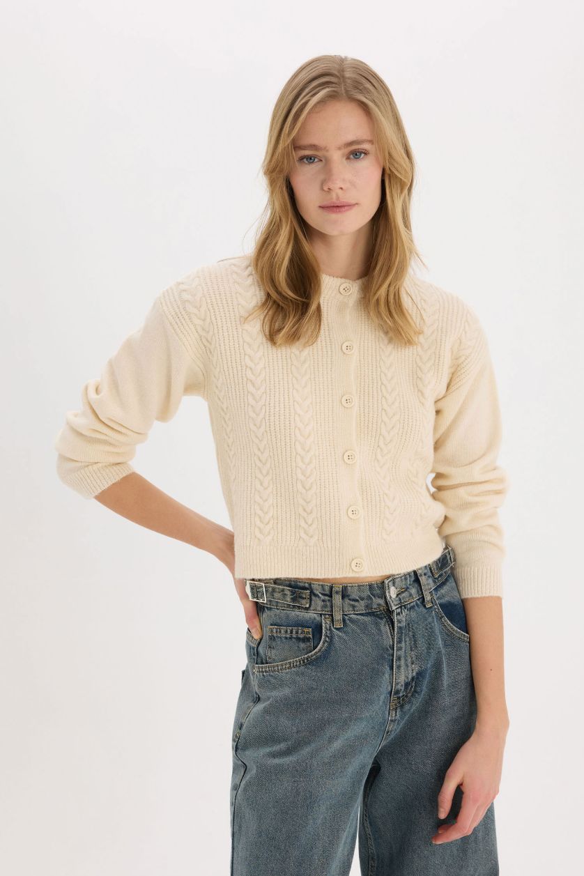 Kadın Ekru Basıc Triko Hırka