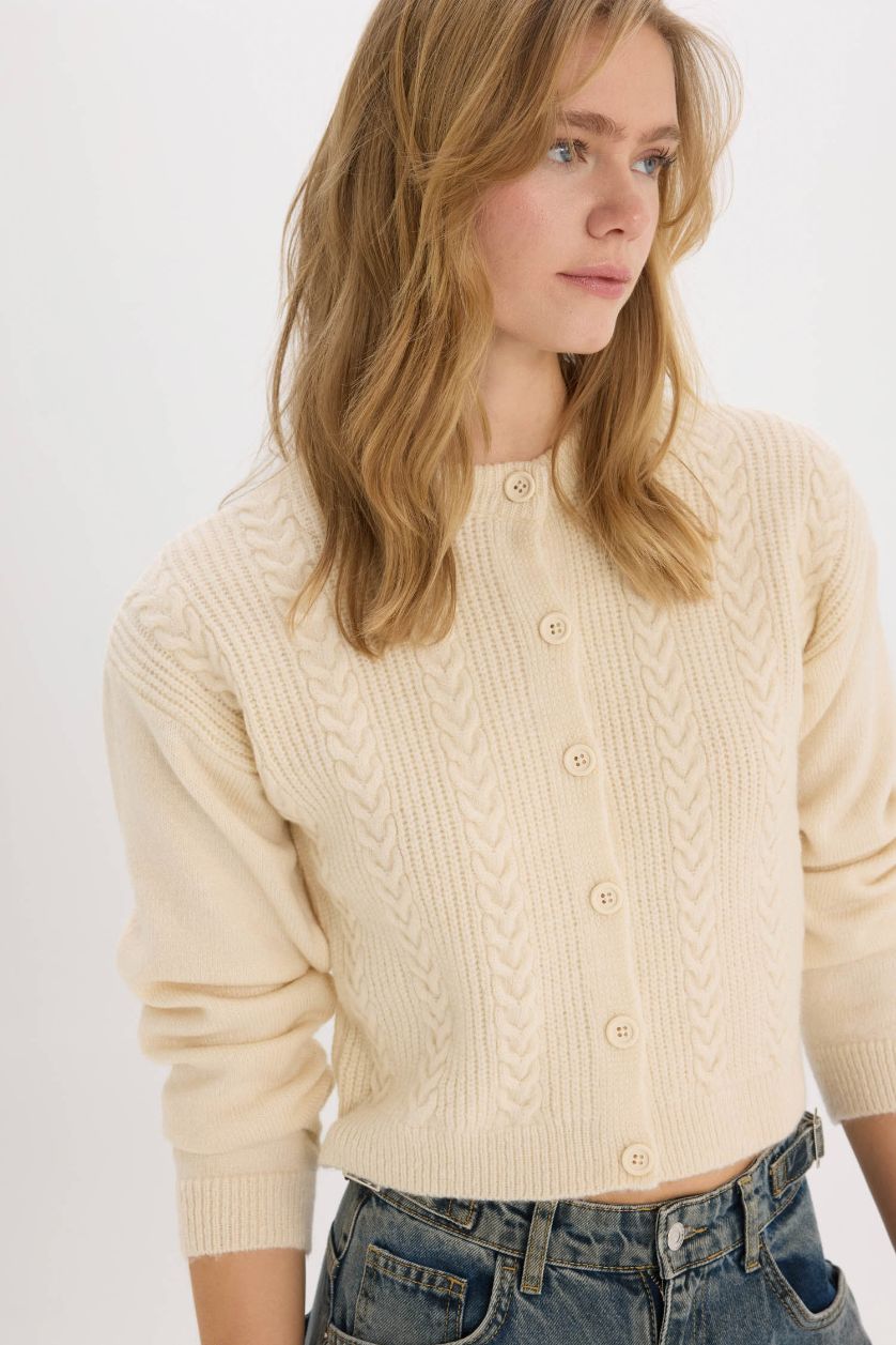 Kadın Ekru Basıc Triko Hırka