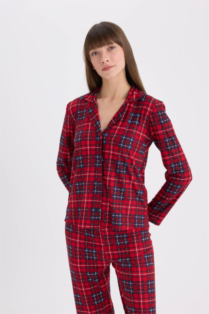 حريمي أحمر طقم بيجاما كاروهات قصة عادية كم طويل - قطعتين