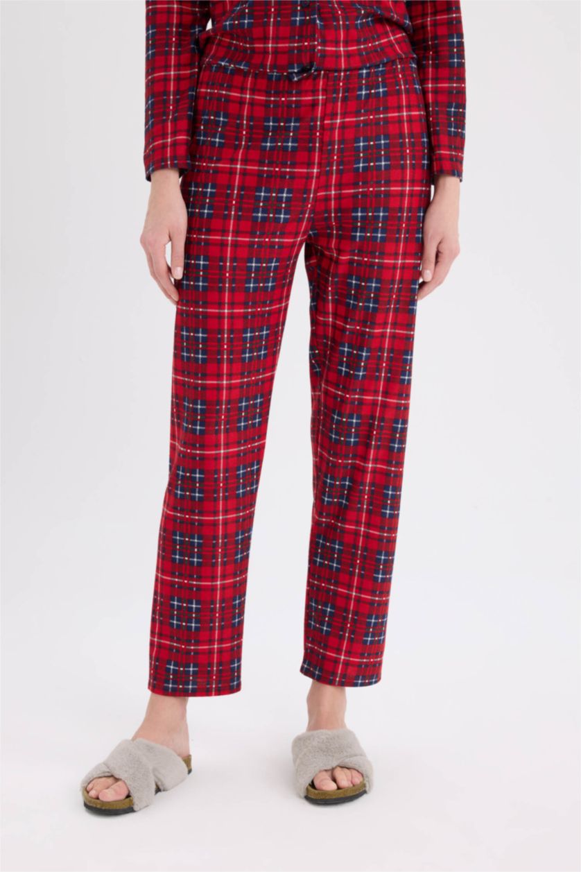 حريمي أحمر طقم بيجاما كاروهات قصة عادية كم طويل - قطعتين