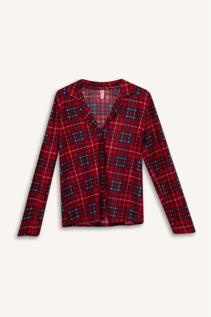 حريمي أحمر طقم بيجاما كاروهات قصة عادية كم طويل - قطعتين